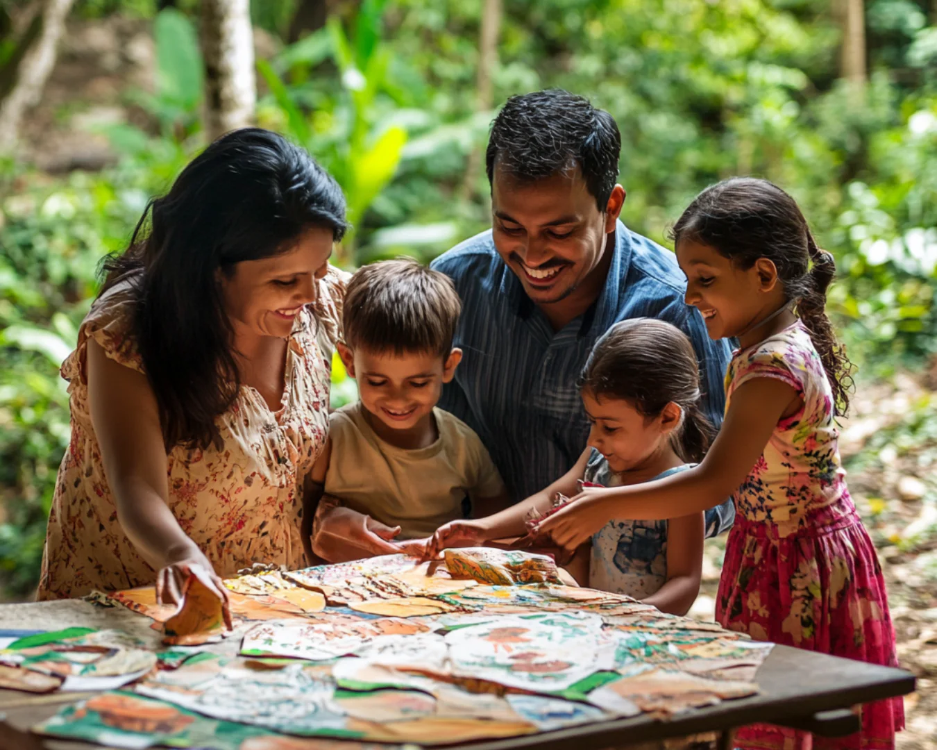 Family creating art together outdoors at The Playhouse Retreat